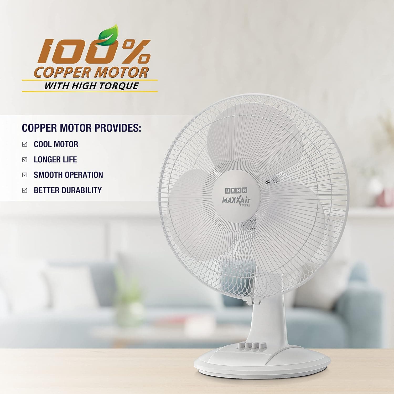 USHA Maxx Air Ultra Table Fan,400MM Sweep Size,1350 RPM,Aerodynamic Blade Design for High Air Delivery,Corrosion Protection with Plastic Blades,3 Speed Settings,100% Copper Motor, 2 Year Warranty,White thumbnail 5