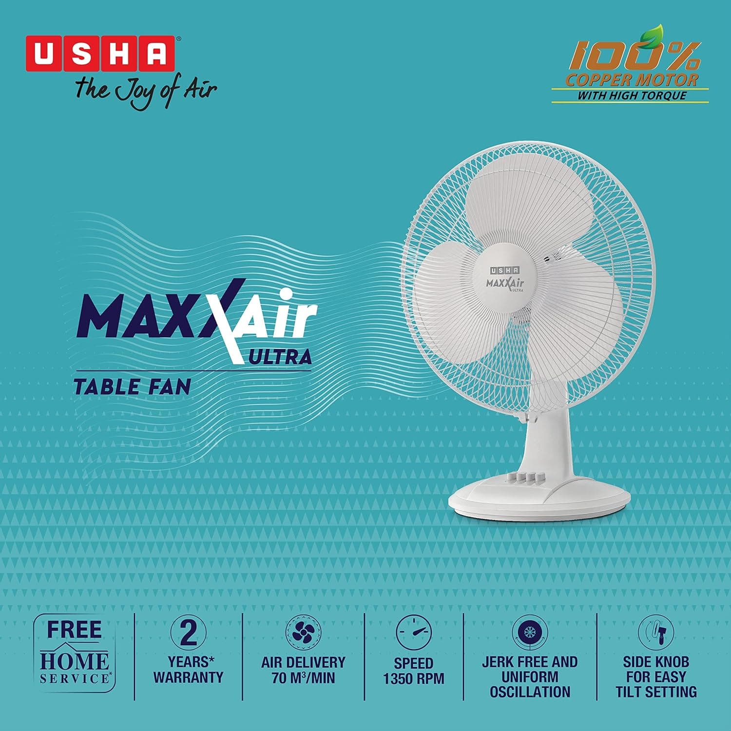USHA Maxx Air Ultra Table Fan,400MM Sweep Size,1350 RPM,Aerodynamic Blade Design for High Air Delivery,Corrosion Protection with Plastic Blades,3 Speed Settings,100% Copper Motor, 2 Year Warranty,White thumbnail 4