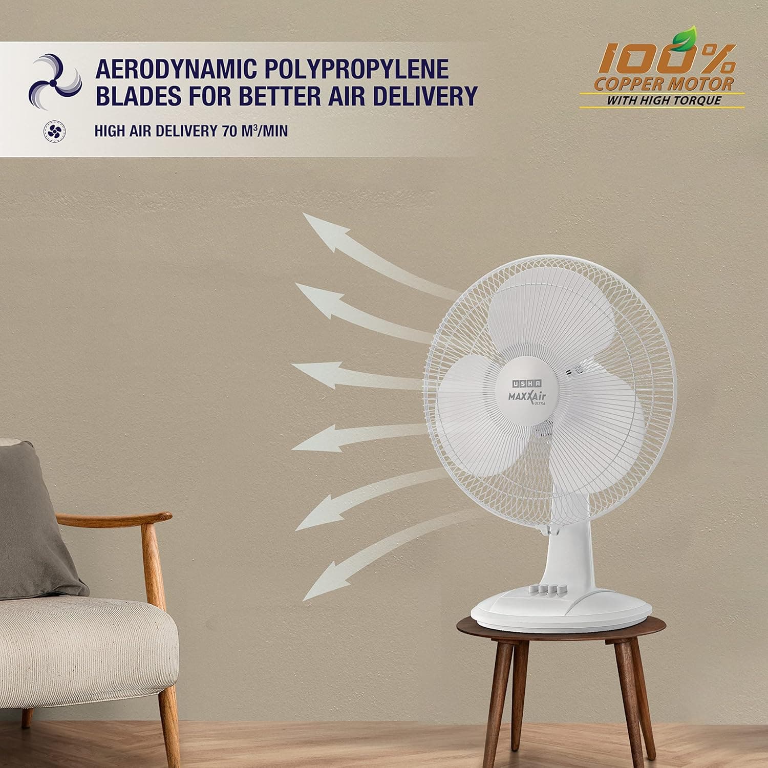 USHA Maxx Air Ultra Table Fan,400MM Sweep Size,1350 RPM,Aerodynamic Blade Design for High Air Delivery,Corrosion Protection with Plastic Blades,3 Speed Settings,100% Copper Motor, 2 Year Warranty,White thumbnail 2